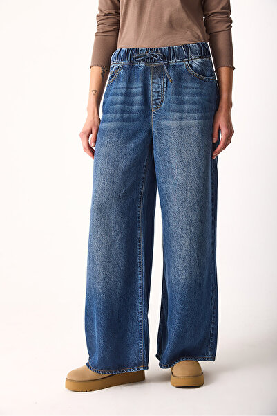 VENA Elastic Waist Wide Leg Dark Blue Jean Pants (Tm)-Dark Blue