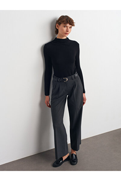 Dilvin 72171 Kemerli Geniş Paça Kumaş Pantolon-Antrasit