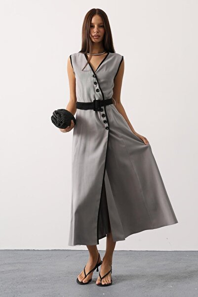 VAGGON Women's Gray Contrast Detailed Buttoned Belted Midi Length Dress Vs01144