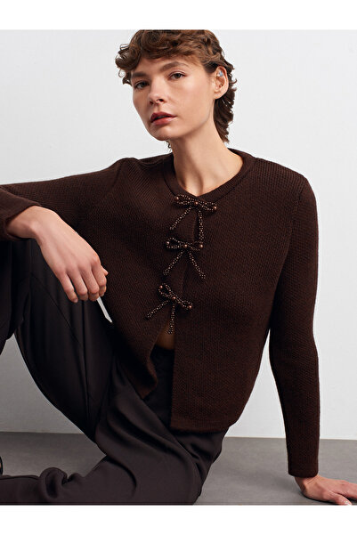 Dilvin 60983 Knitwear Cardigan with Pearl Bow Accessories-Brown