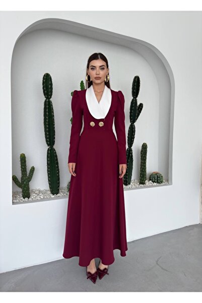 ETİKAFASHION Şal Yaka Düğme Detaylı Kloş Uzun Elbise