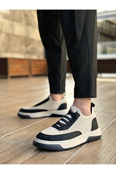 TUGERDİ Beige Black Special Knitted Knitwear Leather Powder Detailed Light Sole Men's Sports Shoes Tge2301061