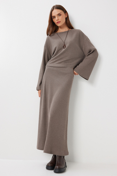 Lovelyİstanbul Σετ πλεκτό μπλουζάκι-φούστα με κορδόνια LRG0044 VİZON