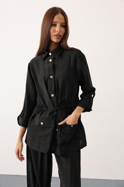 VAGGON Women's Black Gold Button Detailed Shirt Blouse and Palazzo Pants Set Vs01140