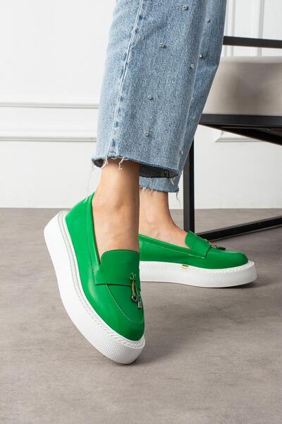 ShoeTek Aylisa Women's Loafer Shoes Tasseled Green Leather