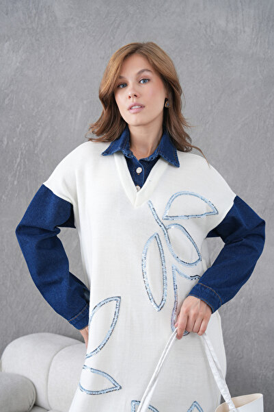 Miss Allos Women's Sleeves Denim Front Glass Pearl and Sequin Embroidered Wide Fit Long Knitwear Dress