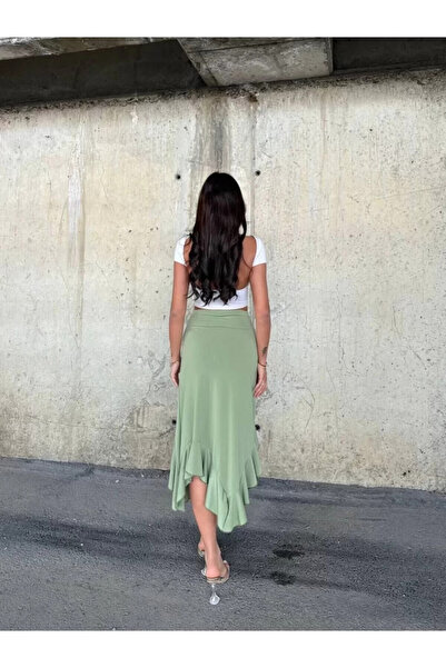 hazelin Women's Green High Waist Diver Fabric Asymmetrical Cut Skirt Hzl25S-Zk11701