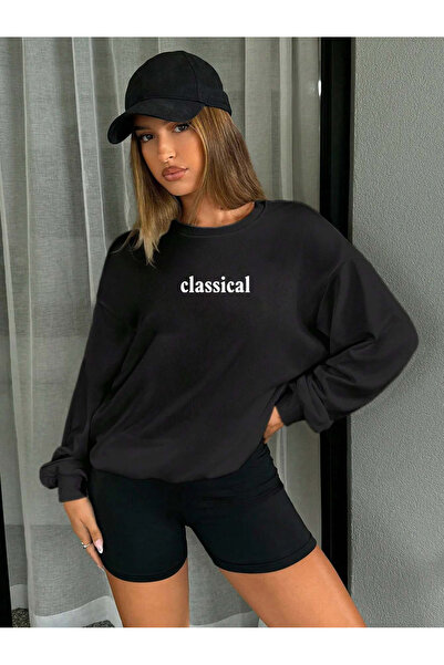 Trend Sizde Hanorac unisex negru cu imprimeu clasic cu gâtul rotund