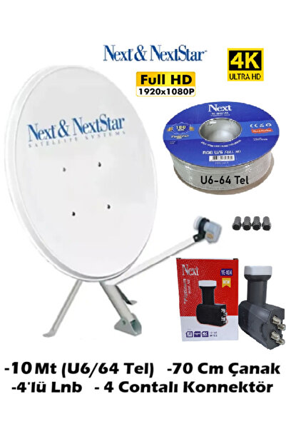 ANKTEK 10 Metre Anten Kablosu 4K Full Hd + 70 Cm Çanak + 4'lü Lnb YE 404 + 4 Contalı Konnektör (NEXT)