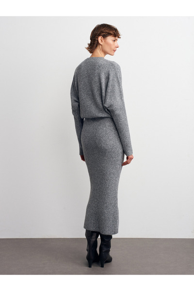 Dilvin 90260 Crew Neck Soft Textured Knitwear Dress-Smoked M.
