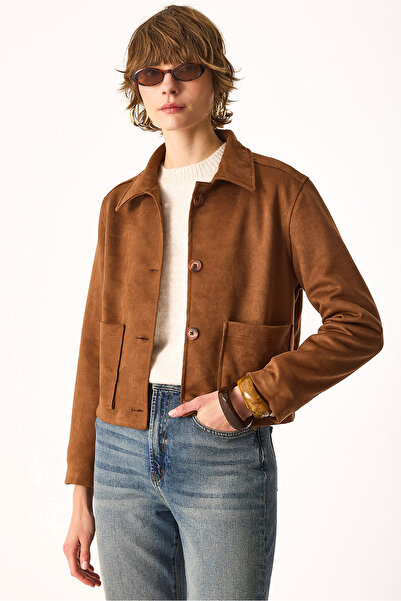 VENA Jachetă de piele de căprioară pentru femei, cu potrivire normală, maro