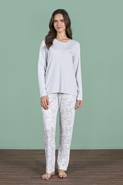 Pijadore Women's Grey Color Long Sleeve Buttoned Pajama Set C9T6N91