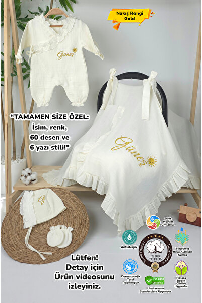 gros shop Müslin Yeni Doğan 4katlı Organik %100pamuk Kişiye Özgü Nakışlı Hast...