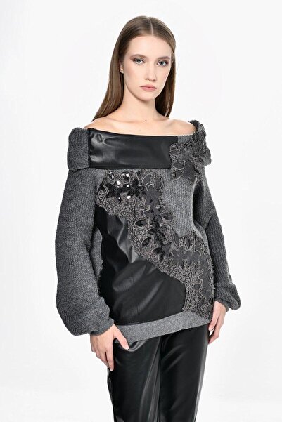 DQMANE Gray Knitted and Leather Detailed Sweater