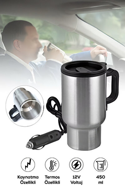 indirimsevinci Car Thermos Mug 12V Cigarette Lighter Heated Stainless Steel Travel Mug Cup 450ml