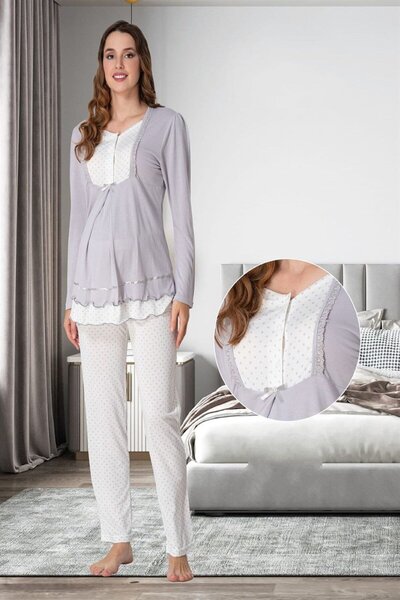 Lohusa Homewear Women's Gray Polka Dot Special Design Maternity Pajamas