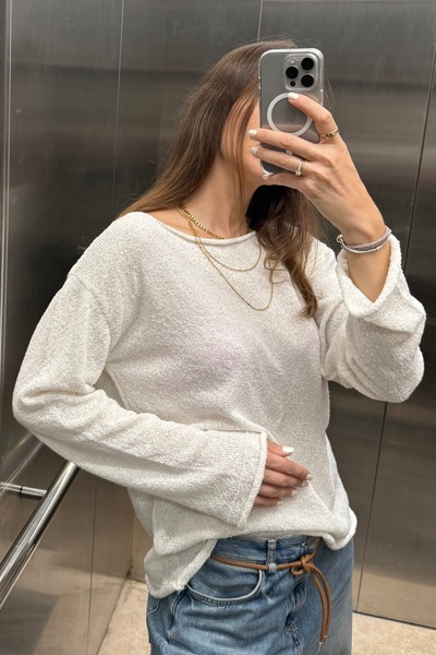 Noi Belis Basic Oversize Boat Neck Textured Knit Sweater Aw25Kz0032