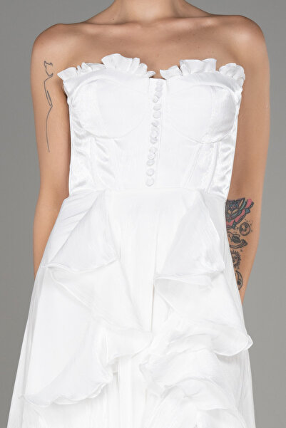 Abiyefon Ekru Straplez Yırtmaçlı Uzun Şifon Mezuniyet Elbisesi ABU4220