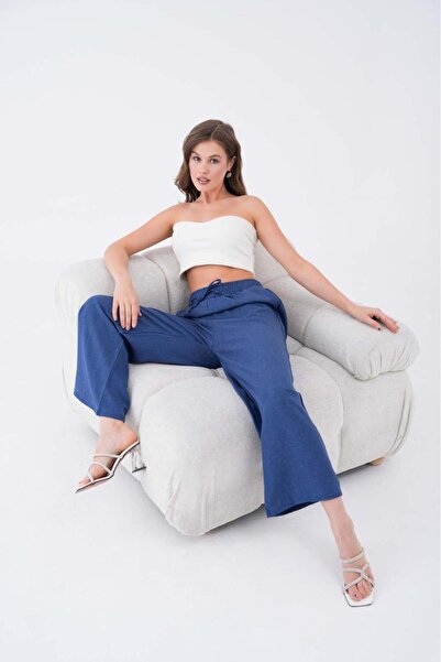 NEWCO High Waist Comfortable Fit Wide Leg Elastic Waist Lace-Up Casual Women's Trousers 1104Mv