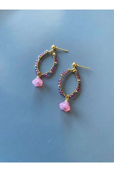 dela otantik Pink Flower Detailed Oval Beaded Hoop Earrings – Handmade Bohemian Authentic Vintage Bijouterie Jewelry