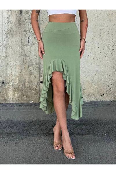 hazelin Women's Green High Waist Diver Fabric Asymmetrical Cut Skirt Hzl25S-Zk11701