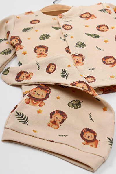 BABYSEE Yeni Doğan Alt Üst 3'lü Takım Zıbın, Patikli Alt ve Şapka Küçük Aslan Baskılı 0-6 ay