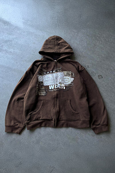 Karakedi Dark Brown Wear Y2K Unisex Hooded Unsiex Cardigan