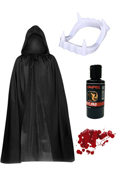 ReilaParty Halloween Kostüm Aksesuar Seti - Kapüşonlu Pelerin, Yapay Kan, Vampir Diş