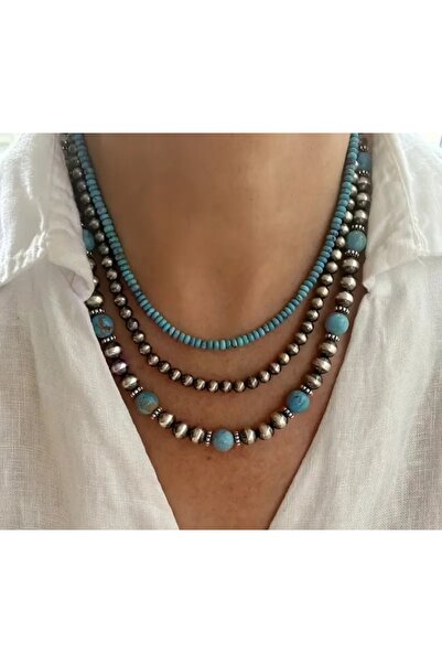 Store Kolye Turkuaz ve Gri Boncuklu 3 lü Kolye