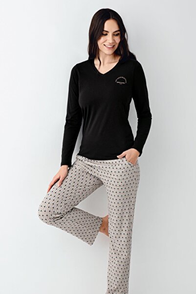Pierre Cardin Kadın Siyah V Yaka Uzunkol Mevsimlik Pijama Takım, %50 pamuk %50 modal
