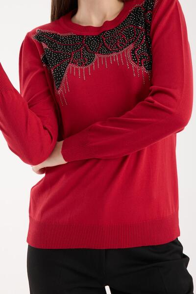Moda Days Women's Red Crew Neck Stone Embroidered Knitwear Sweater