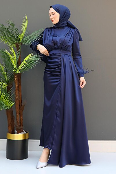 GİYZAMİLA Feathered Satin Hijab Dress Navy Blue