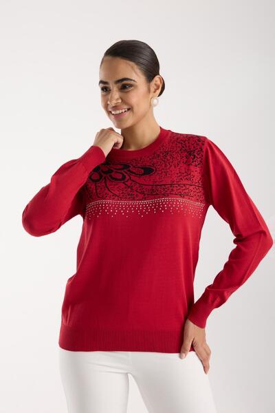 Moda Days Women's Red Crew Neck Stone Embroidered Knitwear Sweater