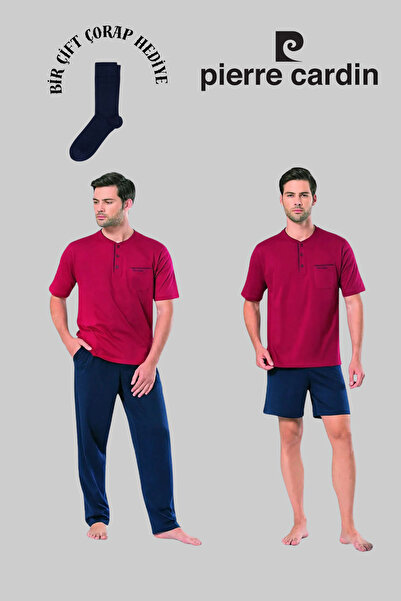 Pierre Cardin Men's Burgundy Cotton Dowry Boxed Set 3-Piece Pajama Set (1 Pair of Socks as a Gift)