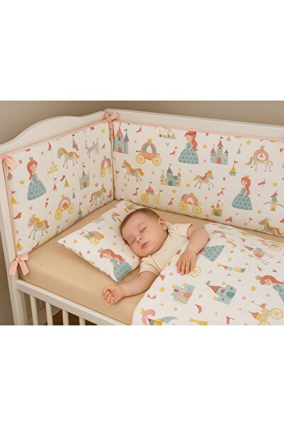 Jaju Baby طقم غطاء لحاف من قماش الموسلين المنقوش بتصميم الأميرة مقاس 120×200 وحماية للحواف 7 قطع