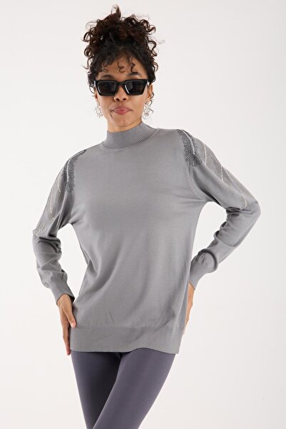 Moda Days Women's Gray Half Turtleneck Shoulder Stone Embroidered Knitwear Sweater