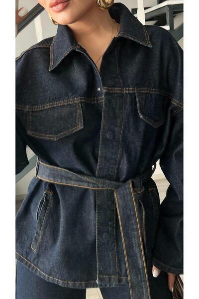 Oslove Lacivert Marka Model Belden Bağlamalı Denim Takım
