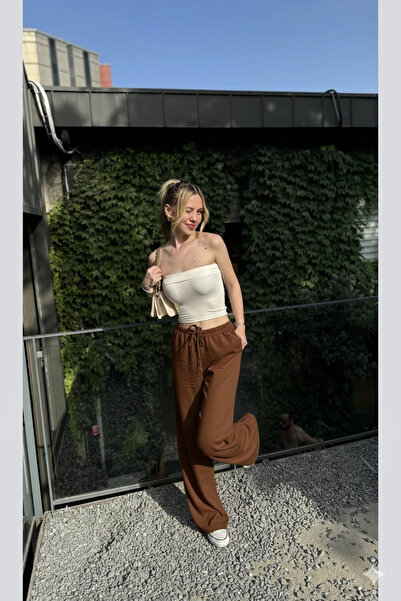 hazelin Women's Brown Pocketed Elastic Waist Wide Leg Linen Trousers Hzl24S-Zk11051