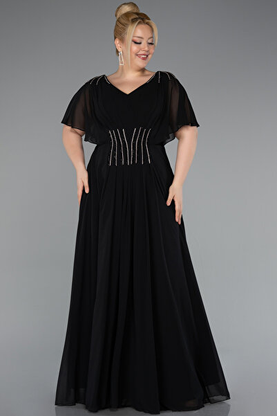 Abiyefon Siyah Kısa Kol V Yaka Şifon Uzun Büyük Beden Abiye ABU5159