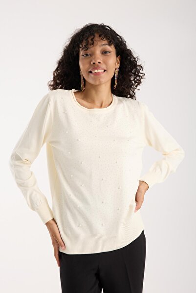 Moda Days Women's Ecru U-Neck Stone and Pearl Embroidered Knitwear Sweater