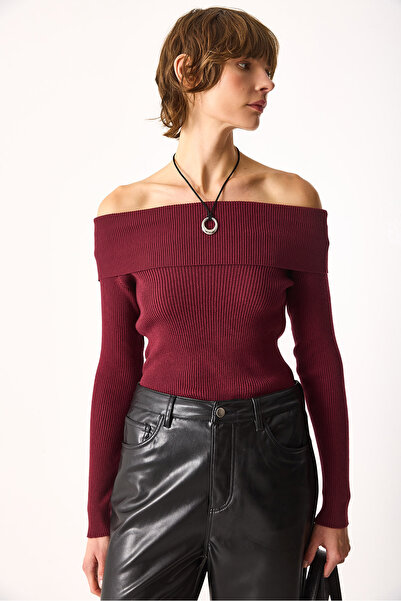 VENA Open Shoulder Detailed Knitwear-Burgundy