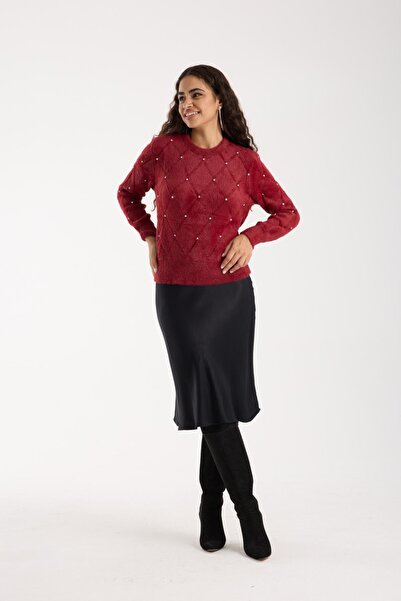 Moda Days Women's Burgundy Crew Neck Stone Embroidered Knitwear Sweater