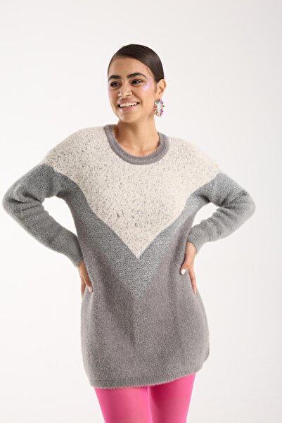 Moda Days Women's Gray Two-Tone Crew Neck Glitter Knit Sweater