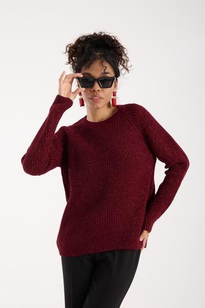 Moda Days Women's Burgundy Glitter Crew Neck Raglan Sleeve Thessaloniki Knitwear Sweater