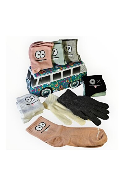 Vadodara Set Socks and Gloves Unisex Couple SocksWagen Hippie Van, Metal Box, Size 36-43