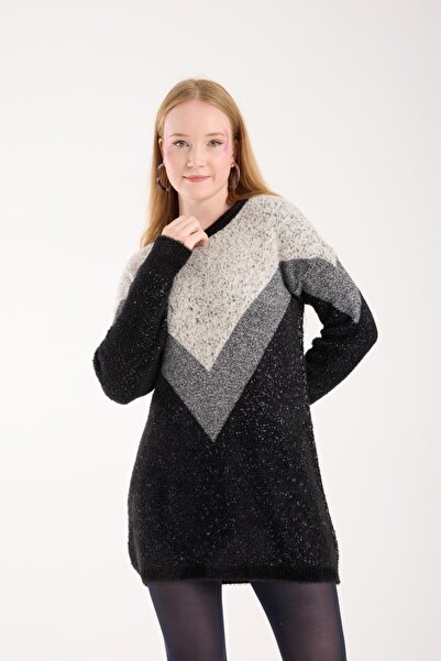 Moda Days Women's Black Two-Tone Crew Neck Glitter Knit Sweater