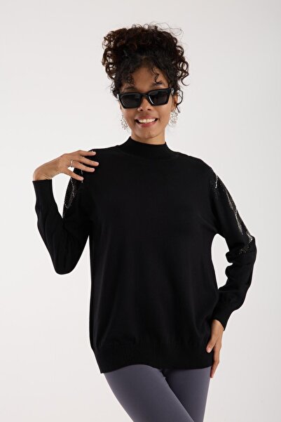 Moda Days Women's Black Half Turtleneck Shoulder Stone Embroidered Knitwear Sweater