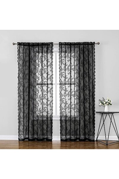 COOYA Black Sheer Lace Curtains,Luxury Vintage Floral Sheer,Rod Pocket Sheer Curtain Embroidery,145X213CM