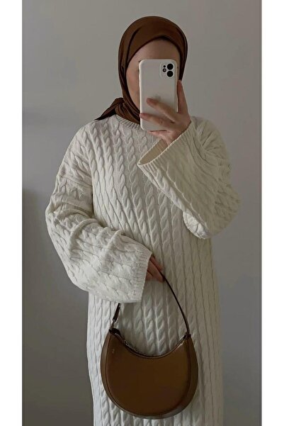 Icon Kadın Bisiklet Yaka Saç Örgülü Triko Midi Elbise