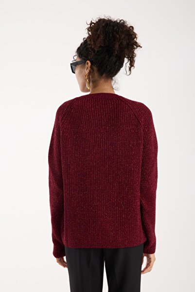 Moda Days Women's Burgundy Glitter Crew Neck Raglan Sleeve Thessaloniki Knitwear Sweater